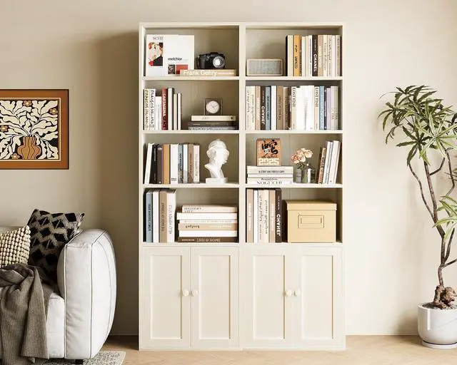 Alt view image 2 of 6 - Bookshelf and Bookcase with Doors, Floor Standing 6-Tier Shelf Display Storage Shelves, Tall Bookcases for Home Office, Living Room, White