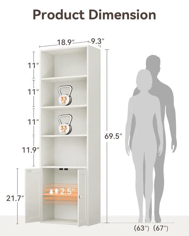 Alt view image 3 of 6 - Bookshelf and Bookcase with Doors, Floor Standing 6-Tier Shelf Display Storage Shelves, Tall Bookcases for Home Office, Living Room, White