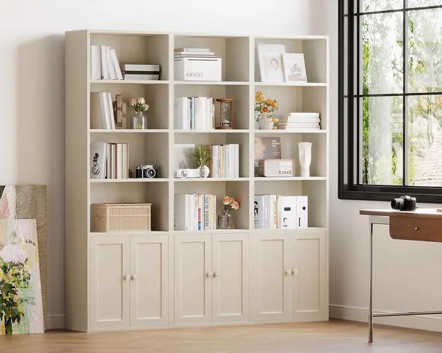 Alt view image 5 of 6 - Bookshelf and Bookcase with Doors, Floor Standing 6-Tier Shelf Display Storage Shelves, Tall Bookcases for Home Office, Living Room, White