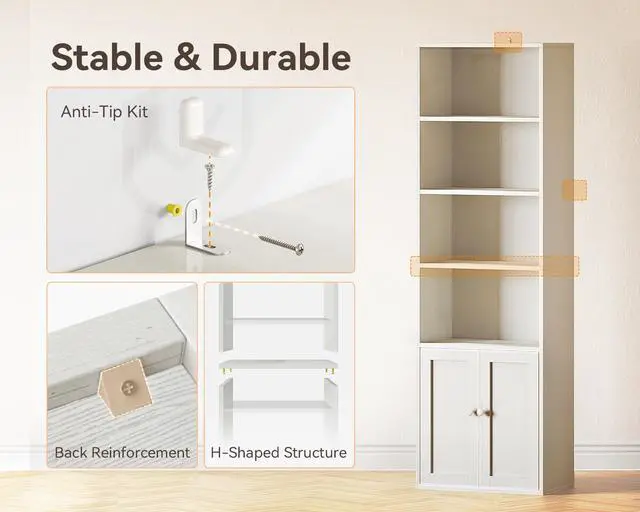 Alt view image 6 of 6 - Bookshelf and Bookcase with Doors, Floor Standing 6-Tier Shelf Display Storage Shelves, Tall Bookcases for Home Office, Living Room, White