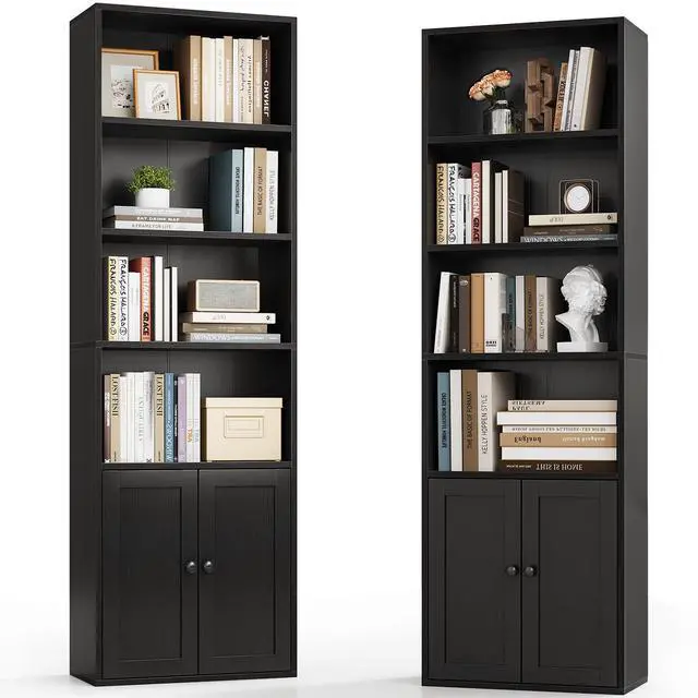 Main image of Bookshelf and Bookcase with Doors, Floor Standing 6-Tier Shelf Display Storage Shelves, Tall Bookcases for Home Office, Living Room, Black 2 Pack