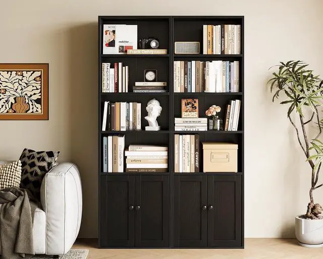 Alt view image 2 of 6 - Bookshelf and Bookcase with Doors, Floor Standing 6-Tier Shelf Display Storage Shelves, Tall Bookcases for Home Office, Living Room, Black 2 Pack