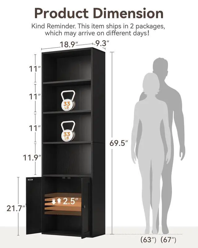 Alt view image 3 of 6 - Bookshelf and Bookcase with Doors, Floor Standing 6-Tier Shelf Display Storage Shelves, Tall Bookcases for Home Office, Living Room, Black 2 Pack