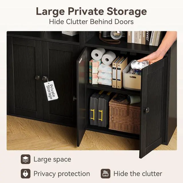 Alt view image 4 of 6 - Bookshelf and Bookcase with Doors, Floor Standing 6-Tier Shelf Display Storage Shelves, Tall Bookcases for Home Office, Living Room, Black 2 Pack
