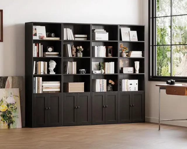 Alt view image 5 of 6 - Bookshelf and Bookcase with Doors, Floor Standing 6-Tier Shelf Display Storage Shelves, Tall Bookcases for Home Office, Living Room, Black 2 Pack