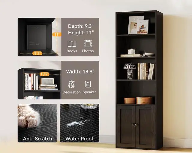 Alt view image 6 of 6 - Bookshelf and Bookcase with Doors, Floor Standing 6-Tier Shelf Display Storage Shelves, Tall Bookcases for Home Office, Living Room, Black 2 Pack