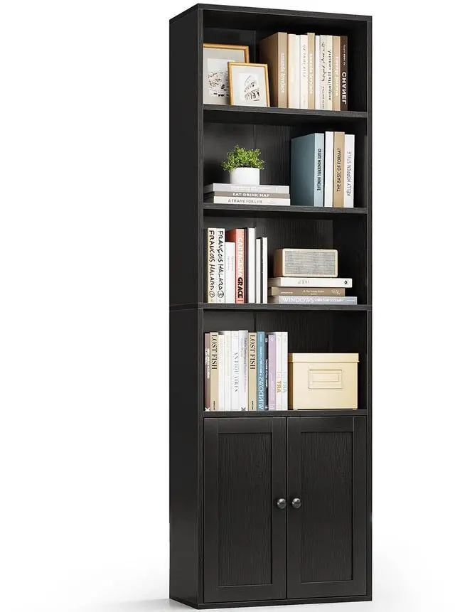 Main image of Bookshelf and Bookcase with Doors, Floor Standing 6-Tier Shelf Display Storage Shelves, Tall Bookcases for Home Office, Living Room, Black