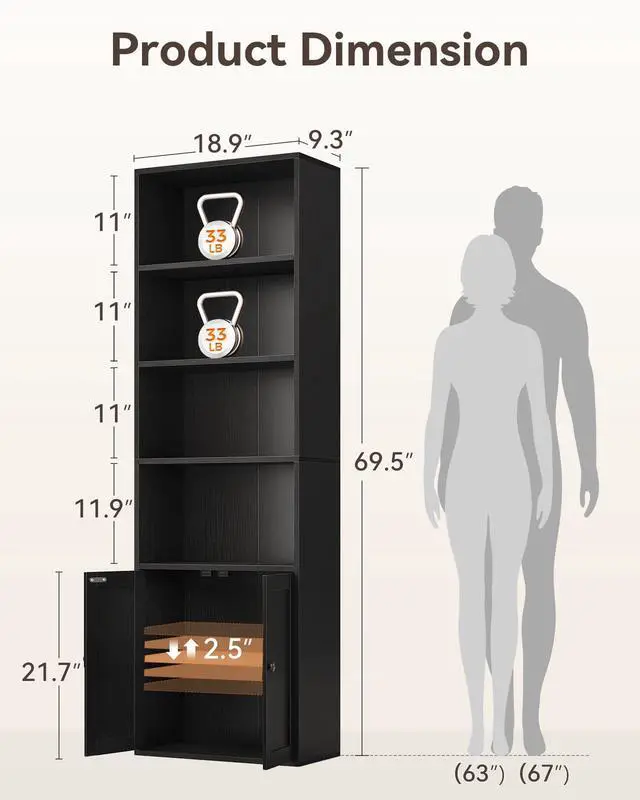 Alt view image 3 of 6 - Bookshelf and Bookcase with Doors, Floor Standing 6-Tier Shelf Display Storage Shelves, Tall Bookcases for Home Office, Living Room, Black