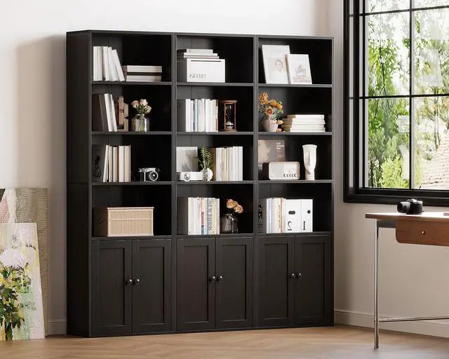 Alt view image 5 of 6 - Bookshelf and Bookcase with Doors, Floor Standing 6-Tier Shelf Display Storage Shelves, Tall Bookcases for Home Office, Living Room, Black