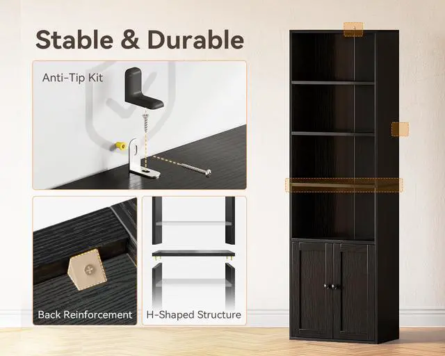 Alt view image 6 of 6 - Bookshelf and Bookcase with Doors, Floor Standing 6-Tier Shelf Display Storage Shelves, Tall Bookcases for Home Office, Living Room, Black