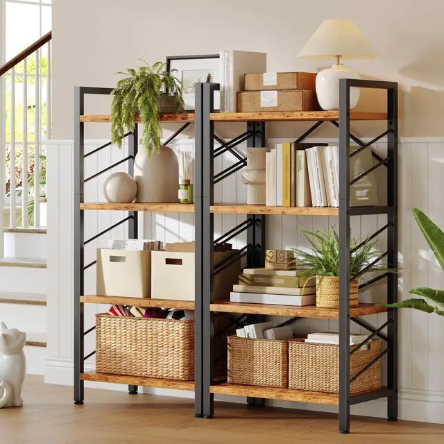 Main image of 2 Pieces 4 Tier Bookshelf, Industrial Bookcase with Metal Frame and Sidebars, Small Bookshelf for Bedroom, Home Office and Living Room, Rustic Brown