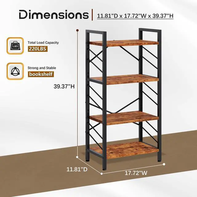 Alt view image 2 of 6 - 2 Pieces 4 Tier Bookshelf, Industrial Bookcase with Metal Frame and Sidebars, Small Bookshelf for Bedroom, Home Office and Living Room, Rustic Brown