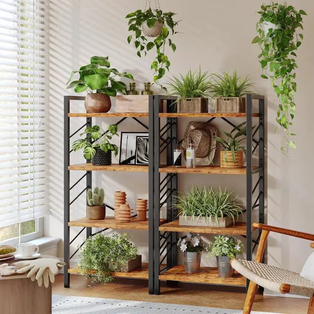 Alt view image 3 of 6 - 2 Pieces 4 Tier Bookshelf, Industrial Bookcase with Metal Frame and Sidebars, Small Bookshelf for Bedroom, Home Office and Living Room, Rustic Brown