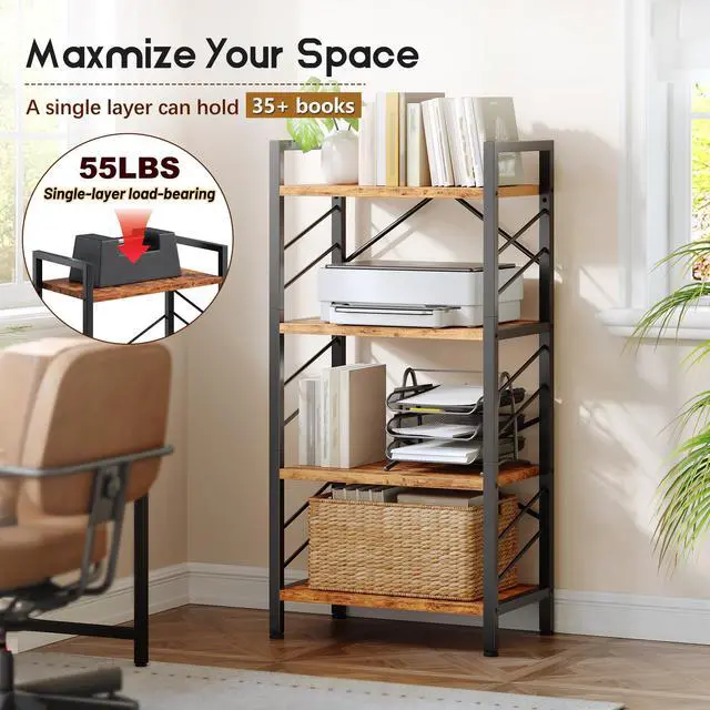 Alt view image 4 of 6 - 2 Pieces 4 Tier Bookshelf, Industrial Bookcase with Metal Frame and Sidebars, Small Bookshelf for Bedroom, Home Office and Living Room, Rustic Brown