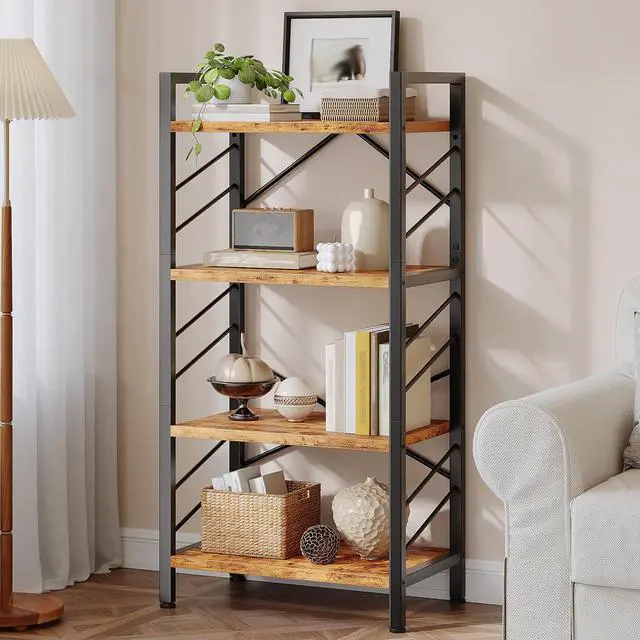 Alt view image 5 of 6 - 2 Pieces 4 Tier Bookshelf, Industrial Bookcase with Metal Frame and Sidebars, Small Bookshelf for Bedroom, Home Office and Living Room, Rustic Brown