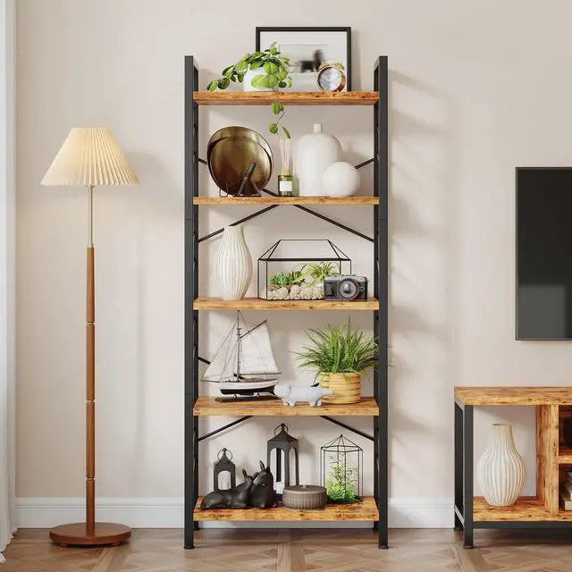Alt view image 2 of 6 - 5 Tier Bookshelf for Narrow Space, Rustic Brown | Small Storage Shelves, Sidebars and Metal Frame