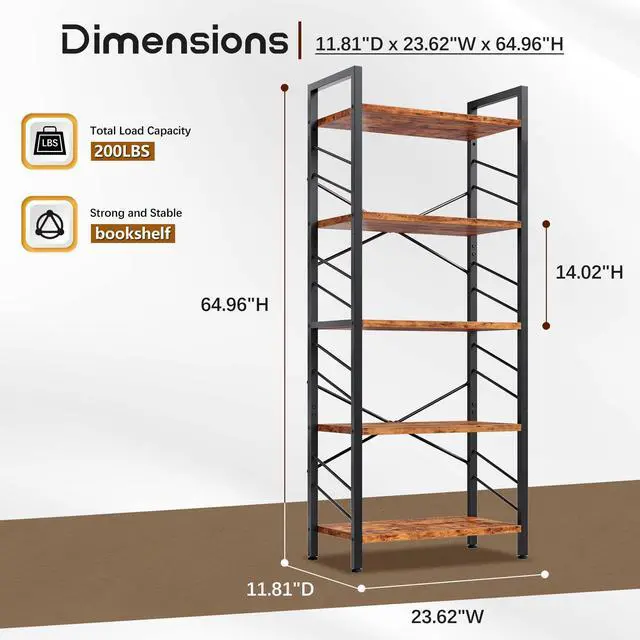 Alt view image 3 of 6 - 5 Tier Bookshelf for Narrow Space, Rustic Brown | Small Storage Shelves, Sidebars and Metal Frame