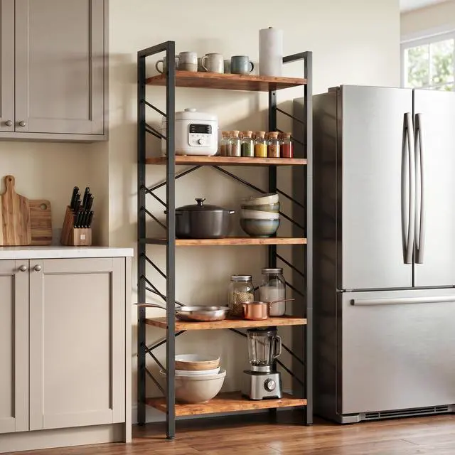 Alt view image 4 of 6 - 5 Tier Bookshelf for Narrow Space, Rustic Brown | Small Storage Shelves, Sidebars and Metal Frame
