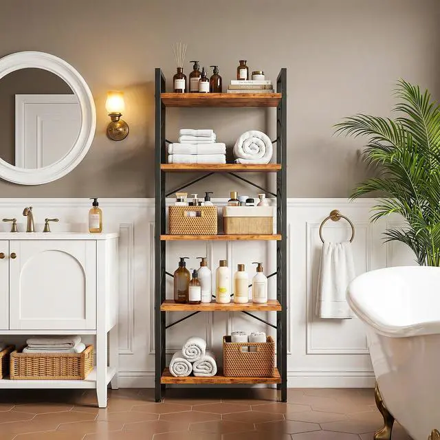 Alt view image 5 of 6 - 5 Tier Bookshelf for Narrow Space, Rustic Brown | Small Storage Shelves, Sidebars and Metal Frame