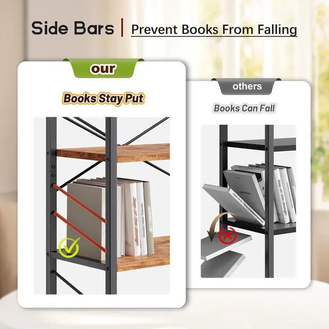 Alt view image 6 of 6 - 5 Tier Bookshelf for Narrow Space, Rustic Brown | Small Storage Shelves, Sidebars and Metal Frame