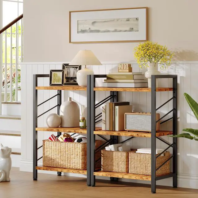 Main image of 2 Pieces Book Shelf, 3 Tier Industrial Bookcase with Metal Frame and Sidebars, Small Bookshelf for Living Room, Bedroom, Home Office, Rustic Brown