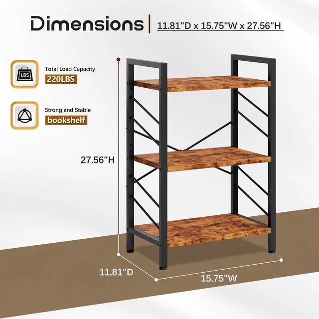 Alt view image 2 of 6 - 2 Pieces Book Shelf, 3 Tier Industrial Bookcase with Metal Frame and Sidebars, Small Bookshelf for Living Room, Bedroom, Home Office, Rustic Brown