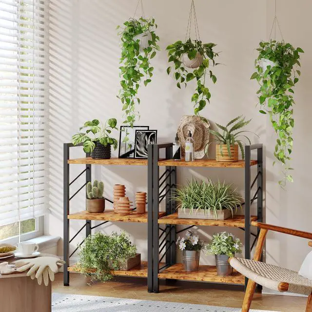 Alt view image 3 of 6 - 2 Pieces Book Shelf, 3 Tier Industrial Bookcase with Metal Frame and Sidebars, Small Bookshelf for Living Room, Bedroom, Home Office, Rustic Brown