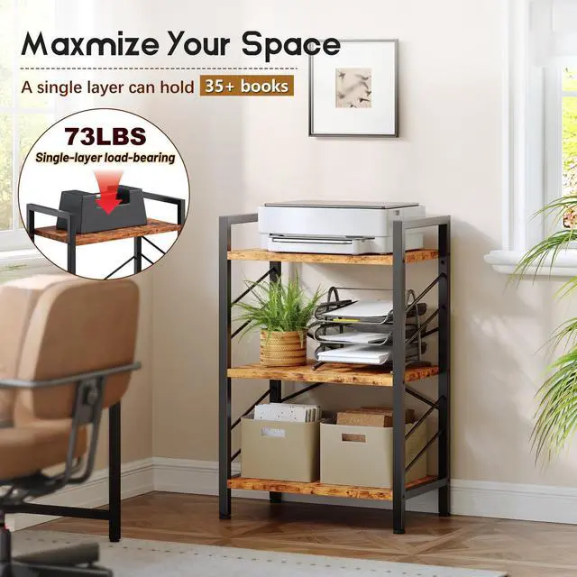 Alt view image 4 of 6 - 2 Pieces Book Shelf, 3 Tier Industrial Bookcase with Metal Frame and Sidebars, Small Bookshelf for Living Room, Bedroom, Home Office, Rustic Brown