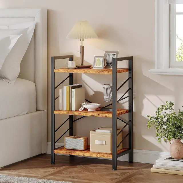Alt view image 5 of 6 - 2 Pieces Book Shelf, 3 Tier Industrial Bookcase with Metal Frame and Sidebars, Small Bookshelf for Living Room, Bedroom, Home Office, Rustic Brown