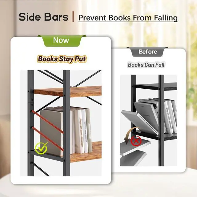 Alt view image 6 of 6 - 2 Pieces Book Shelf, 3 Tier Industrial Bookcase with Metal Frame and Sidebars, Small Bookshelf for Living Room, Bedroom, Home Office, Rustic Brown