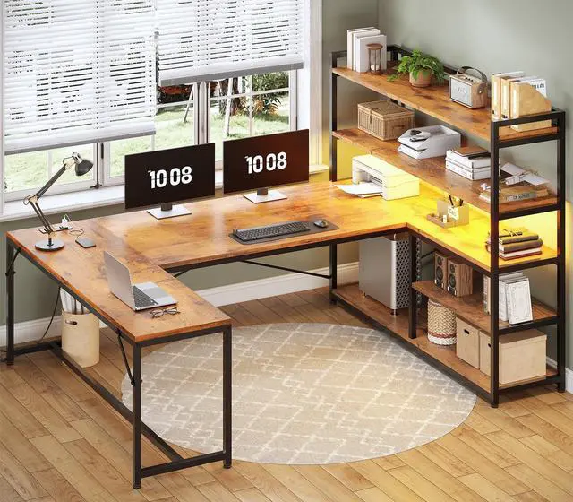 Main image of L Shaped Desk with Storage Shelves, 63 Reversible U Shaped Office Desk, Gaming Desk with Power Outlet and LED Lights for Home Office, Rustic Brown