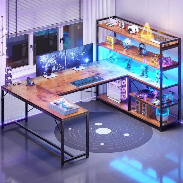 Alt view image 3 of 6 - L Shaped Desk with Storage Shelves, 63 Reversible U Shaped Office Desk, Gaming Desk with Power Outlet and LED Lights for Home Office, Rustic Brown