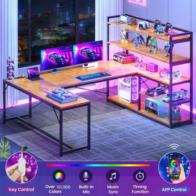 Alt view image 6 of 6 - L Shaped Desk with Storage Shelves, 63 Reversible U Shaped Office Desk, Gaming Desk with Power Outlet and LED Lights for Home Office, Rustic Brown