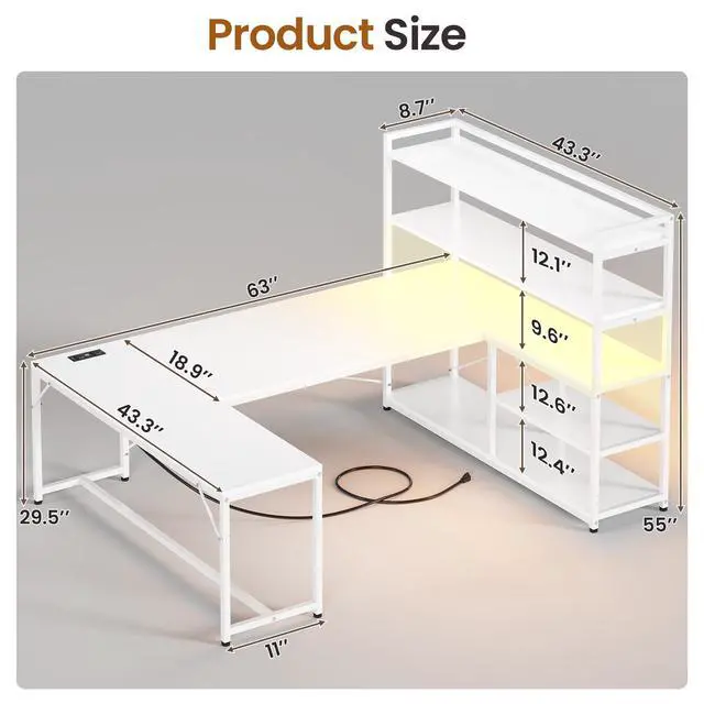 Alt view image 2 of 6 - L Shaped Computer Desk, 63 Reversible Office Desk or Corner Desk with Storage Shelves, White Gaming Desk with LED Lights, Power Outlet