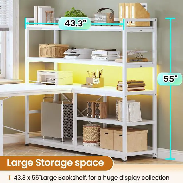 Alt view image 5 of 6 - L Shaped Computer Desk, 63 Reversible Office Desk or Corner Desk with Storage Shelves, White Gaming Desk with LED Lights, Power Outlet
