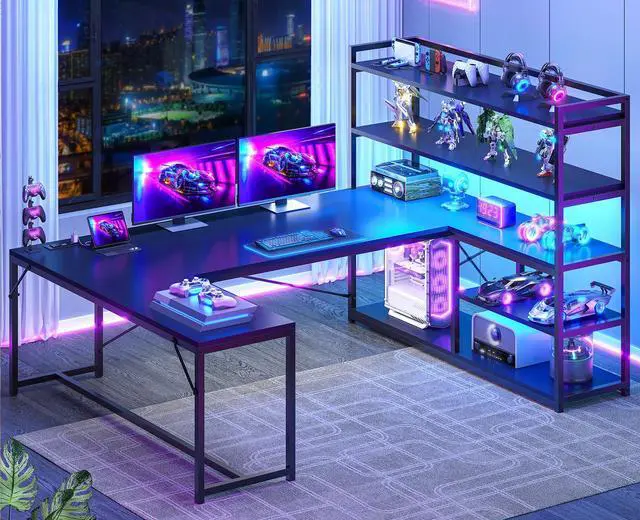 Main image of L Shaped Gaming Desk, 63'' Reversible Computer Desk with Power Outlet and Storage Shelves, Corner Gaming Desk with LED Lights, Bookshelf for Home Office, Black