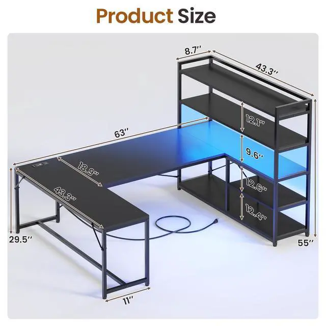 Alt view image 2 of 6 - L Shaped Gaming Desk, 63'' Reversible Computer Desk with Power Outlet and Storage Shelves, Corner Gaming Desk with LED Lights, Bookshelf for Home Office, Black