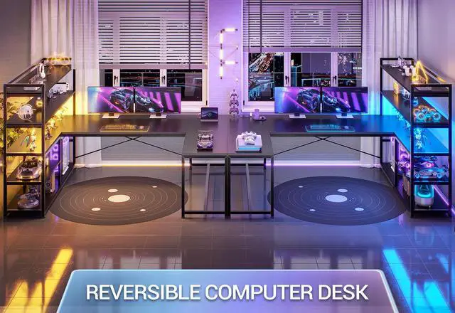 Alt view image 3 of 6 - L Shaped Gaming Desk, 63'' Reversible Computer Desk with Power Outlet and Storage Shelves, Corner Gaming Desk with LED Lights, Bookshelf for Home Office, Black