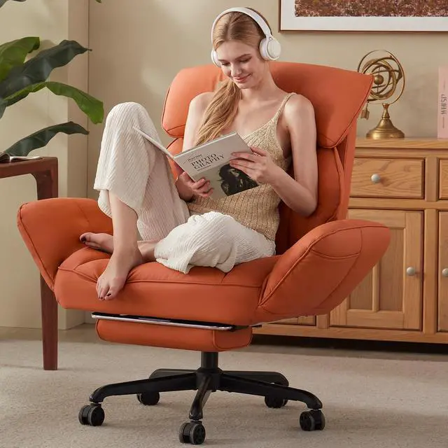 Main image of Cross Legged Office Chair with Pivoting Armrests,Criss Cross Chair with Pocket Spring Seat & Back,Reclining Computer Gaming Chair with Footrest and Metal Base (Orange)
