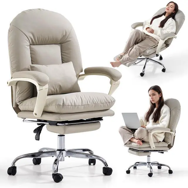 Main image of Office Chair with Foot Rest Criss Cross Chair, Genuine Leather, Beige | Ergonomic Reclining Executive Office Chair With Wheels Mid Back Swivel Computer Chairs Lumbar Support for Home Office