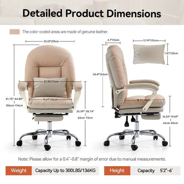 Alt view image 3 of 6 - Office Chair with Foot Rest Criss Cross Chair, Genuine Leather, Beige | Ergonomic Reclining Executive Office Chair With Wheels Mid Back Swivel Computer Chairs Lumbar Support for Home Office