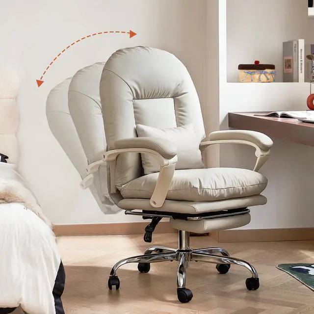 Alt view image 4 of 6 - Office Chair with Foot Rest Criss Cross Chair, Genuine Leather, Beige | Ergonomic Reclining Executive Office Chair With Wheels Mid Back Swivel Computer Chairs Lumbar Support for Home Office