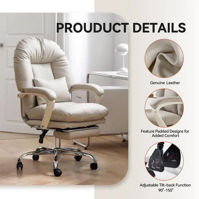 Alt view image 6 of 6 - Office Chair with Foot Rest Criss Cross Chair, Genuine Leather, Beige | Ergonomic Reclining Executive Office Chair With Wheels Mid Back Swivel Computer Chairs Lumbar Support for Home Office