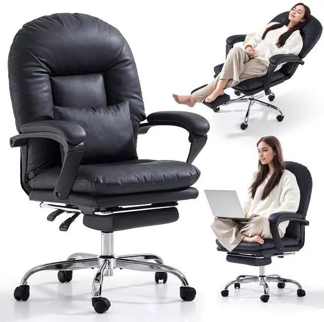 Main image of Office Chair with Foot Rest Reclining Desk Chair Comfy, Black | Home Office Desk Chairs Criss Cross Chair With Wheels Mid Back Swivel Chair for Home, PU Leather