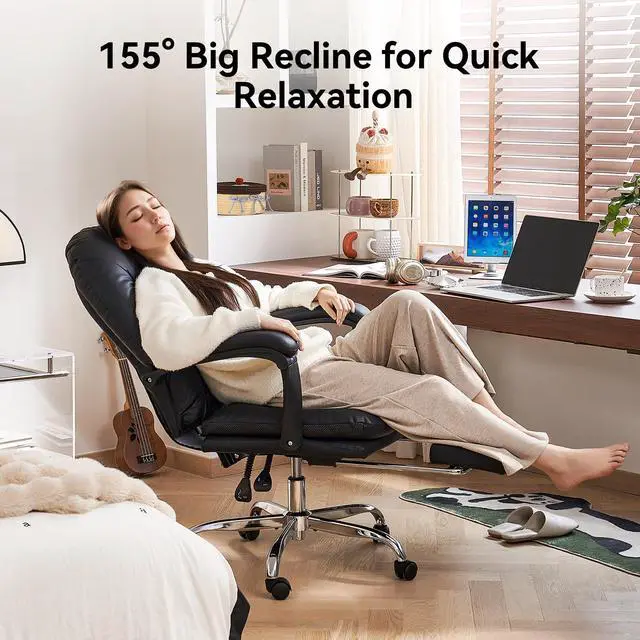 Alt view image 4 of 6 - Office Chair with Foot Rest Reclining Desk Chair Comfy, Black | Home Office Desk Chairs Criss Cross Chair With Wheels Mid Back Swivel Chair for Home, PU Leather