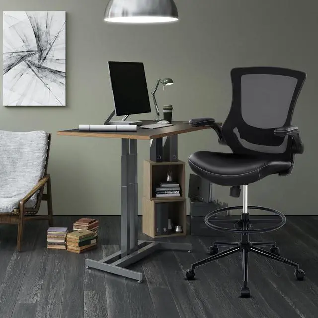 Alt view image 2 of 6 - Tall Office Chair for Standing Desk, Drafting Chair with Footrest Ring, PU Leather Recline High Office Tall Desk Chair with Adjustable Lumbar Support