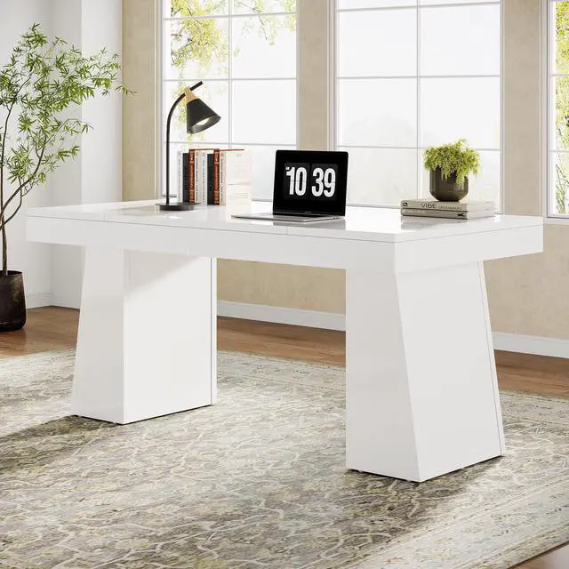 Main image of 55" Executive Desk, Wooden Office Desk with Double Pedestal, Modern Simple Computer Writing Table for Home Office, White