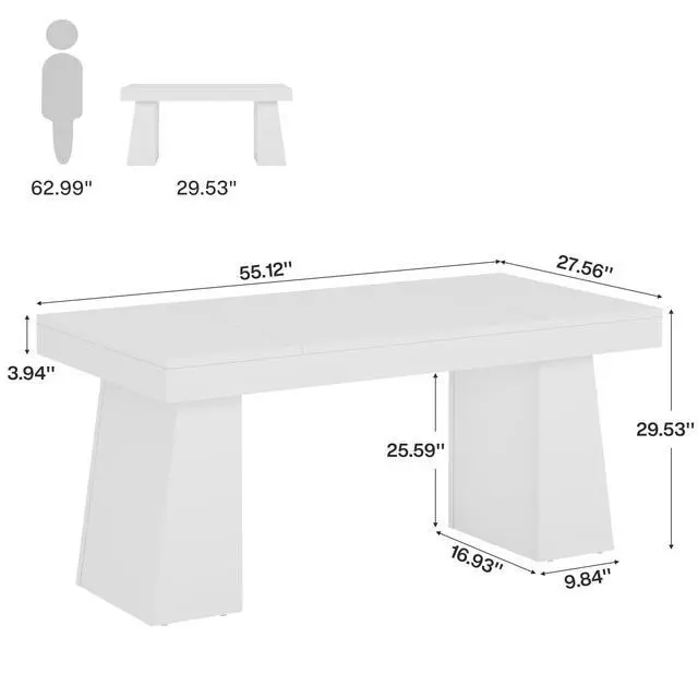 Alt view image 2 of 6 - 55" Executive Desk, Wooden Office Desk with Double Pedestal, Modern Simple Computer Writing Table for Home Office, White