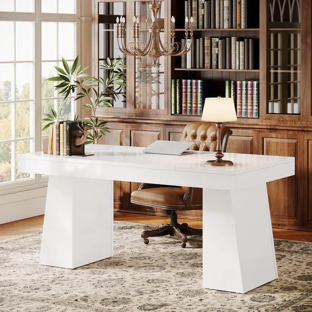 Alt view image 3 of 6 - 55" Executive Desk, Wooden Office Desk with Double Pedestal, Modern Simple Computer Writing Table for Home Office, White