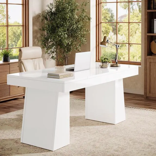 Alt view image 4 of 6 - 55" Executive Desk, Wooden Office Desk with Double Pedestal, Modern Simple Computer Writing Table for Home Office, White